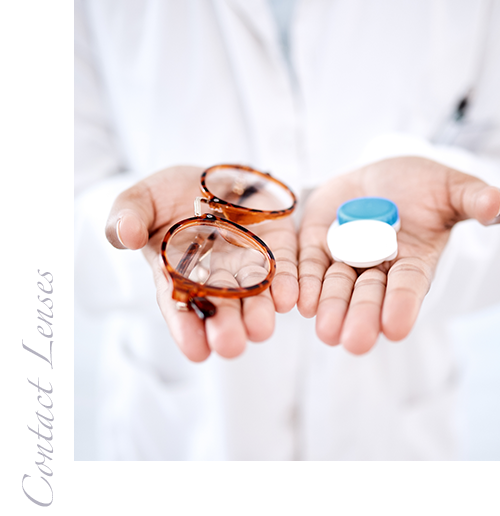 Hands holding out glasses and contact lens case. Image reads: Contact Lenses