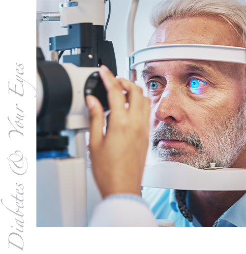 Mature man receiving eye exam. Image reads: Diabetes & Your Eyes