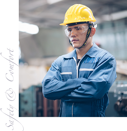 Man wearing safety eyewear and helmet. Image reads: Safety & Comfort