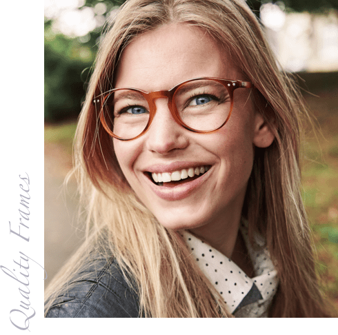 Woman with blonde hair wearing red glasses smiling. Text reads: Quality Frames