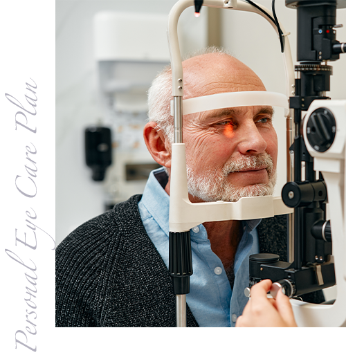 Mature man getting an eye exam. Image reads: Personal Eye Care Plan